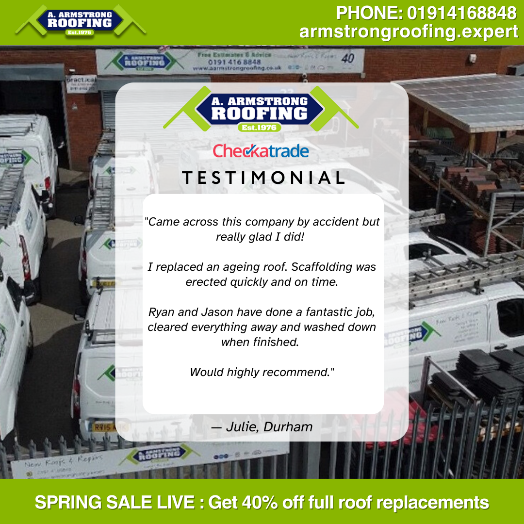 Customer testimonial from Julie in Durham praising A. Armstrong Roofing for a fast and professional roof replacement, highlighting the team’s efficiency, cleanliness, and high-quality service.