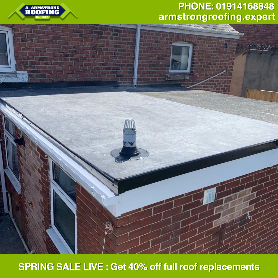 Flat roof installation on a residential extension, featuring smooth, sealed EPDM surface with clean edges and modern waterproofing by Armstrong Roofing.