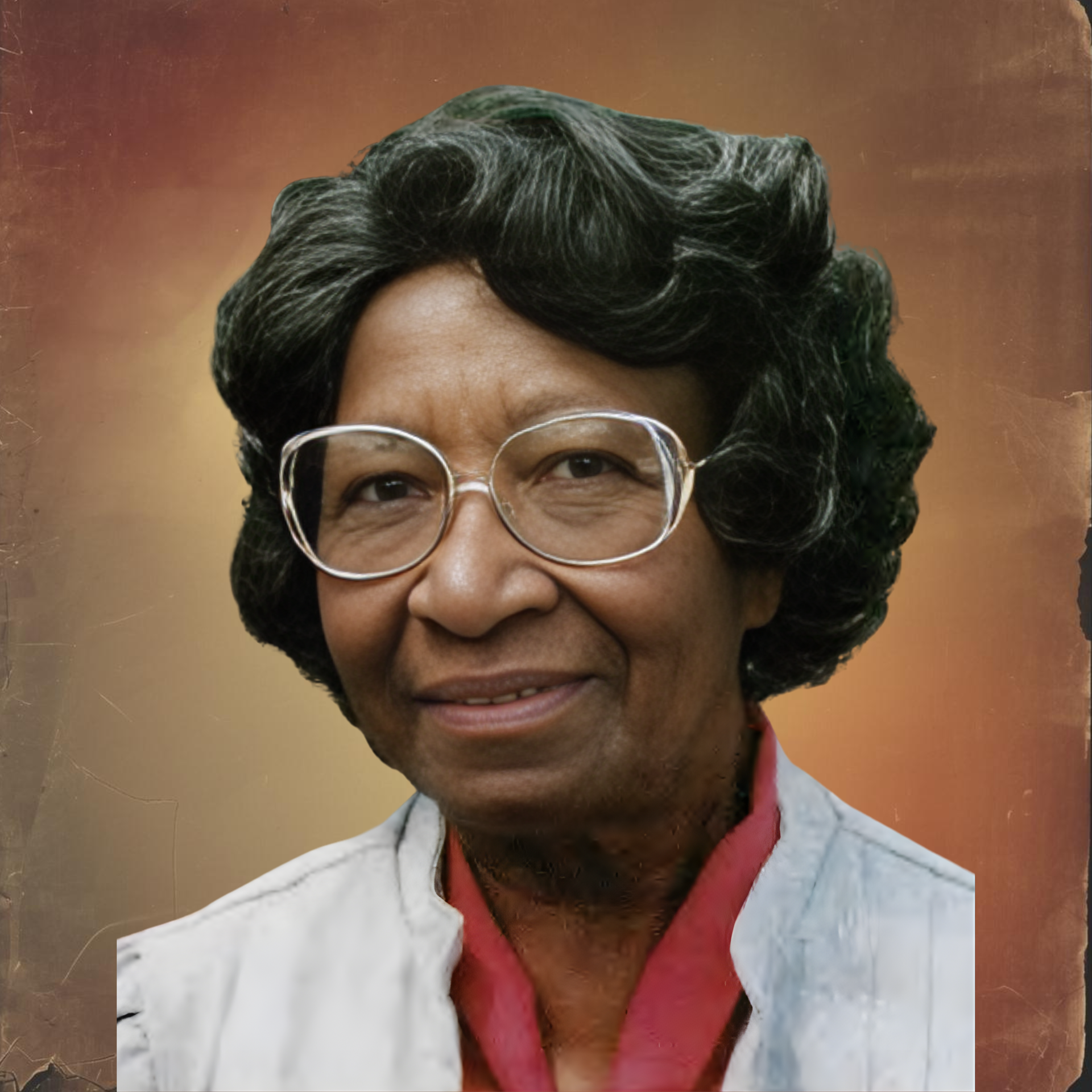 Woman with glasses and dark curly hair smiling, wearing a white jacket and red scarf, against a faded orange background.