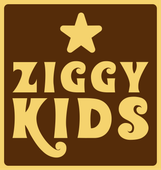Ziggy Kids logo: Brown square with gold text and star.