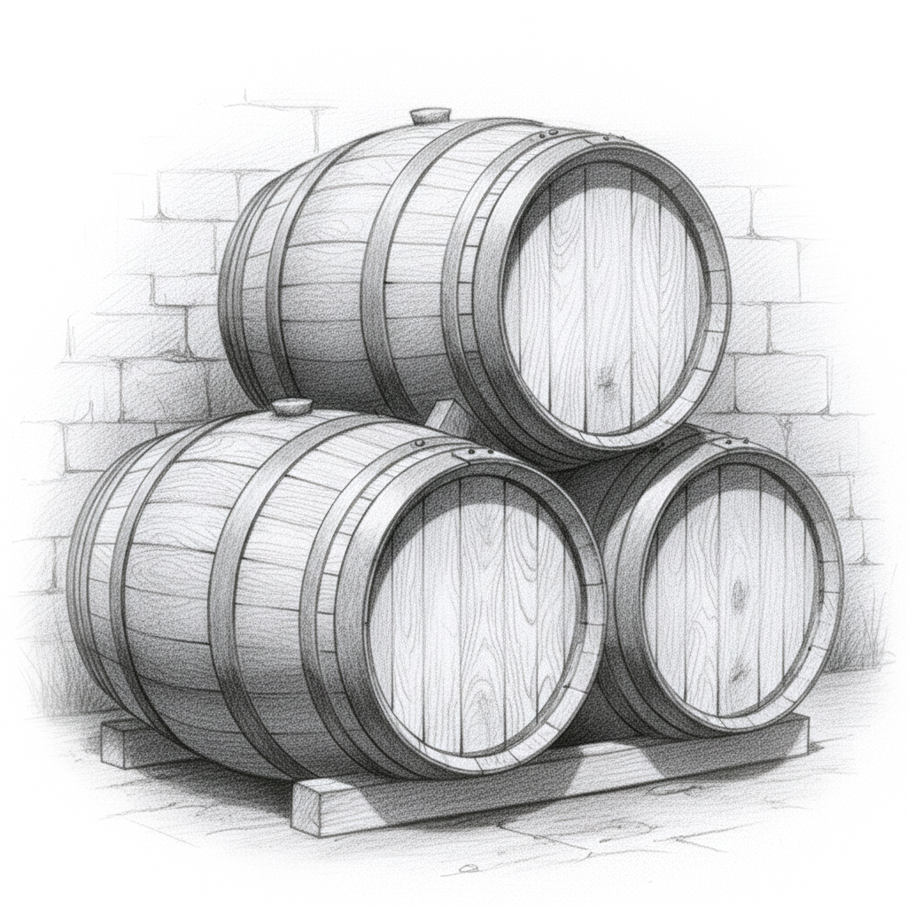Three wooden barrels stacked in front of a brick wall, resting on a wooden pallet.