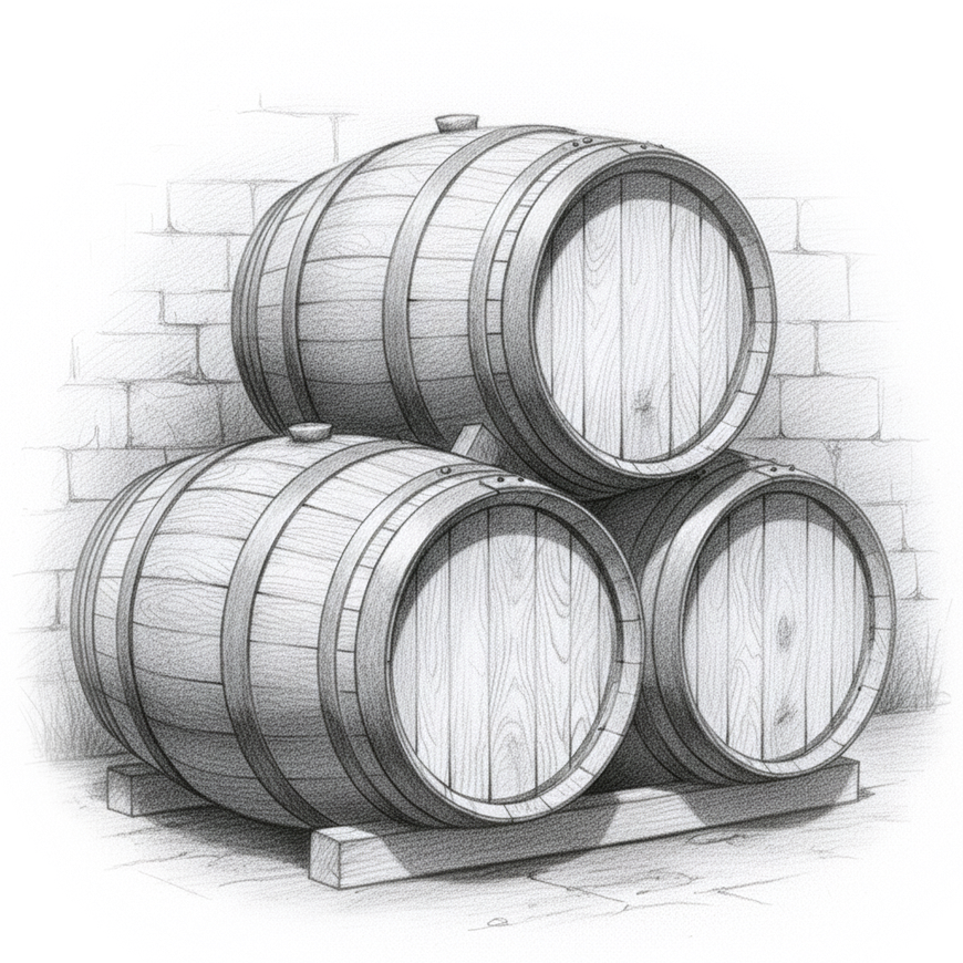 Three wooden barrels stacked in front of a brick wall, resting on a wooden pallet.