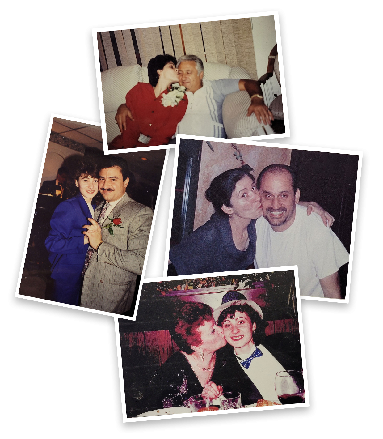 Collage of photos: Woman kissing different people, showing affection. Various indoor settings, varied clothing.
