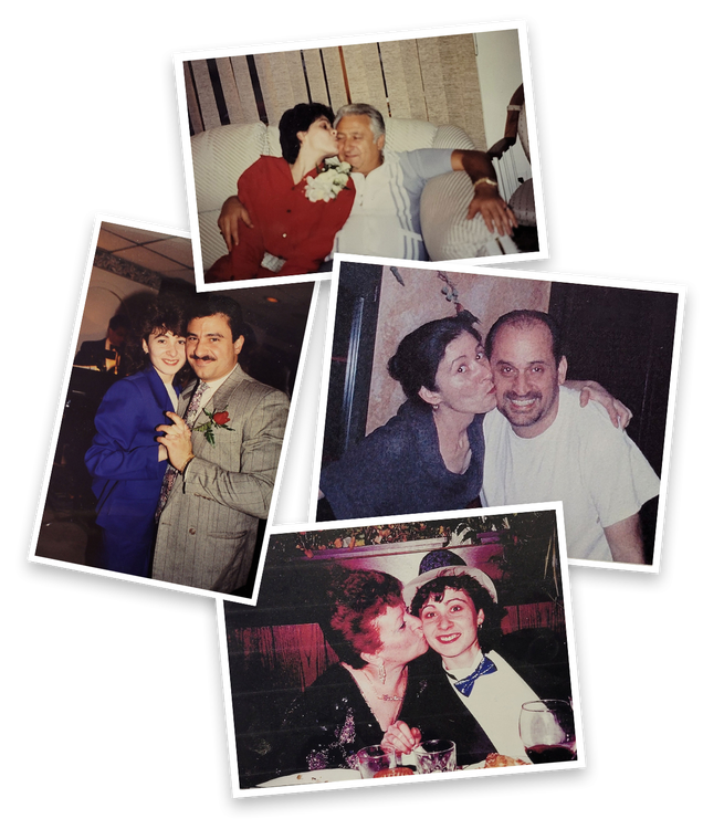 Collage of photos: Woman kissing different people, showing affection. Various indoor settings, varied clothing.