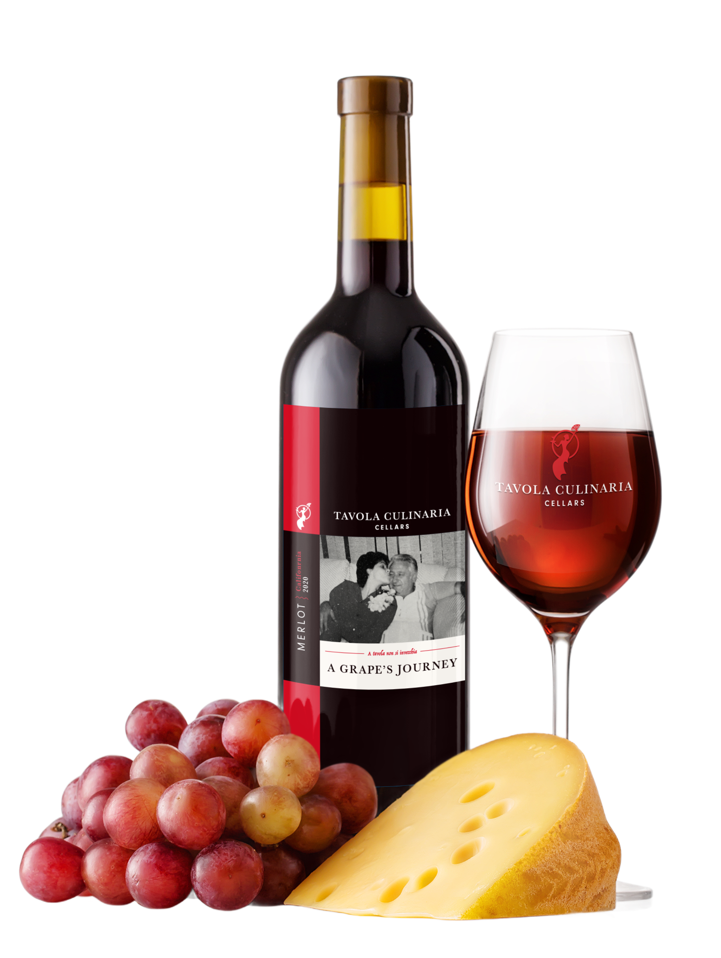 Wine bottle and glass with grapes and cheese.