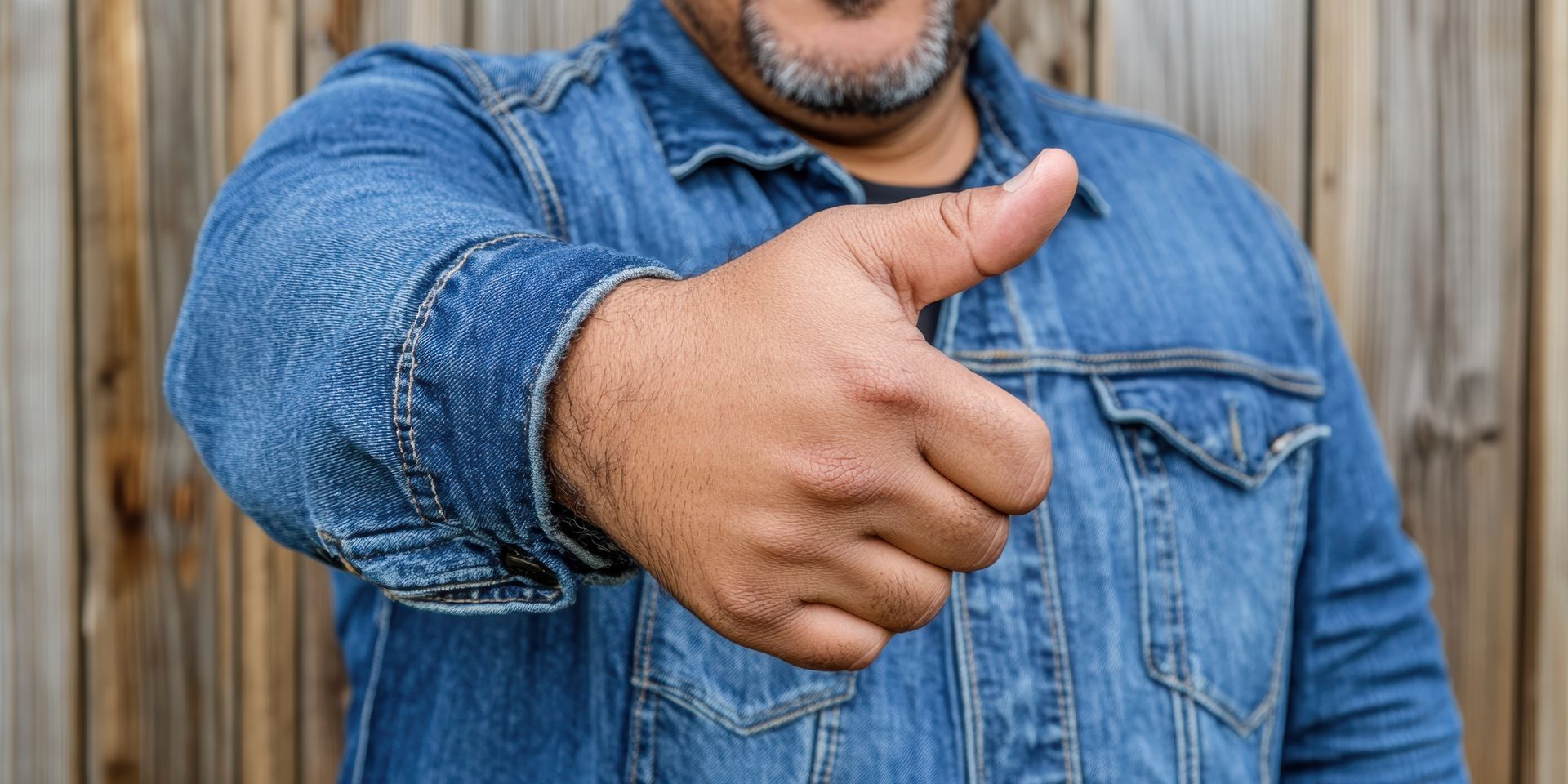 Person in denim jacket giving a thumbs up. Person in denim jacket giving a thumbs up.