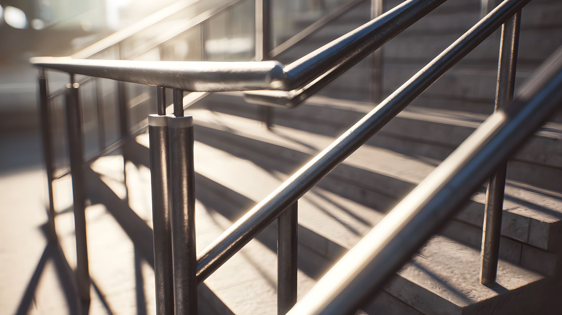 Metal handrails on outdoor stairs; sunlight casts shadows. Metal handrails on outdoor stairs; sunlight casts shadows.