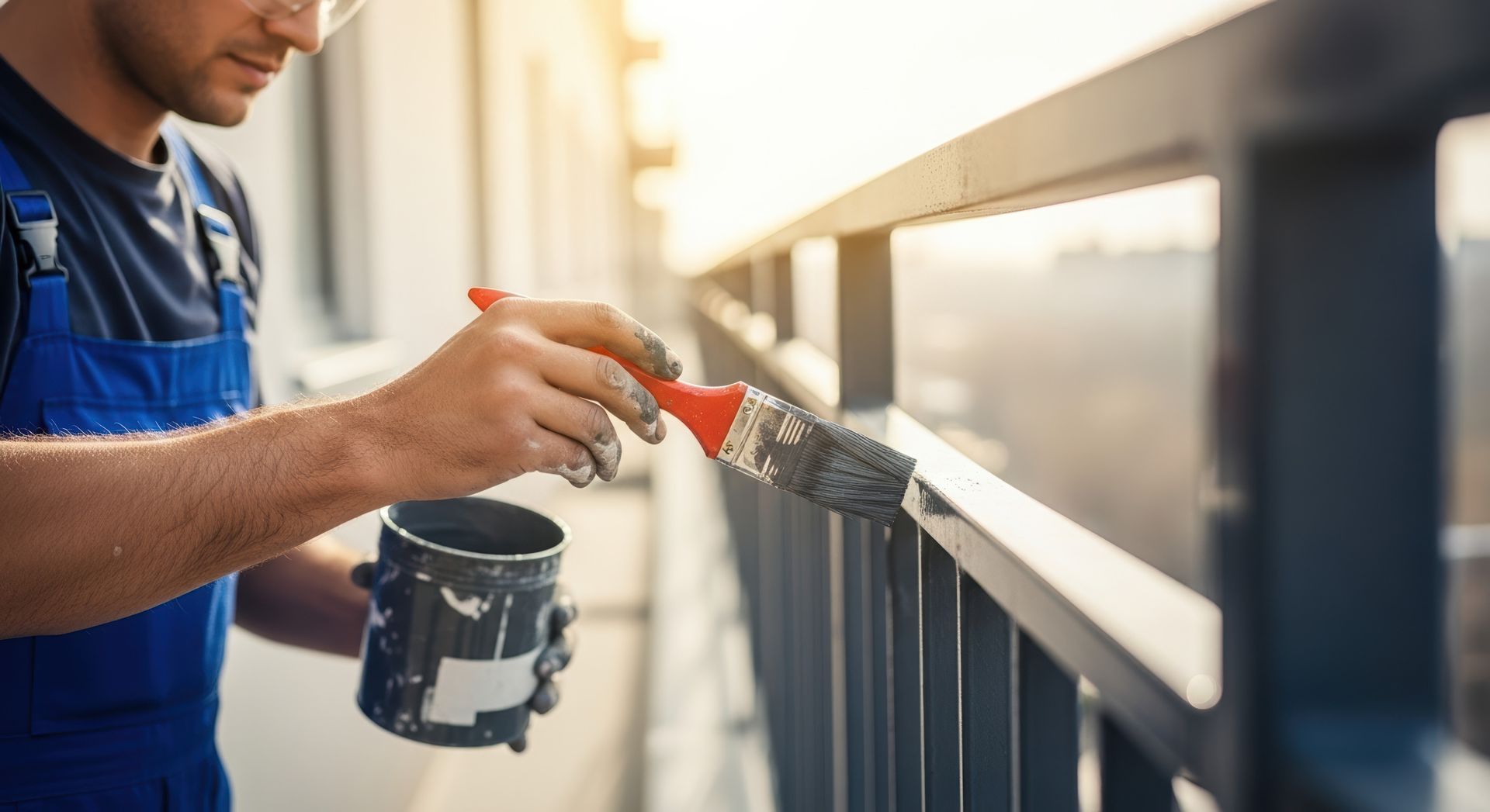 Person painting black metal railing on a balcony with a paint brush and a dark paint can. Person painting black metal railing on a balcony with a paint brush and a dark paint can.