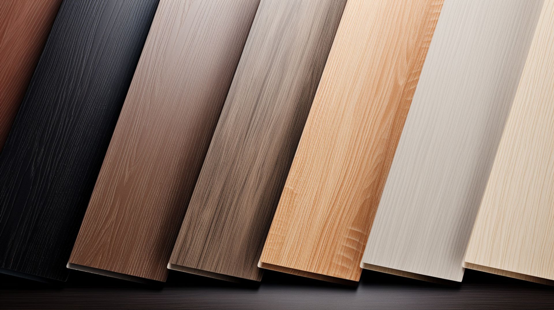Assortment of wooden panels in various colors: dark brown, black, light brown, gray, oak, cream, and beige. Assortment of wooden panels in various colors: dark brown, black, light brown, gray, oak, cream, and beige.