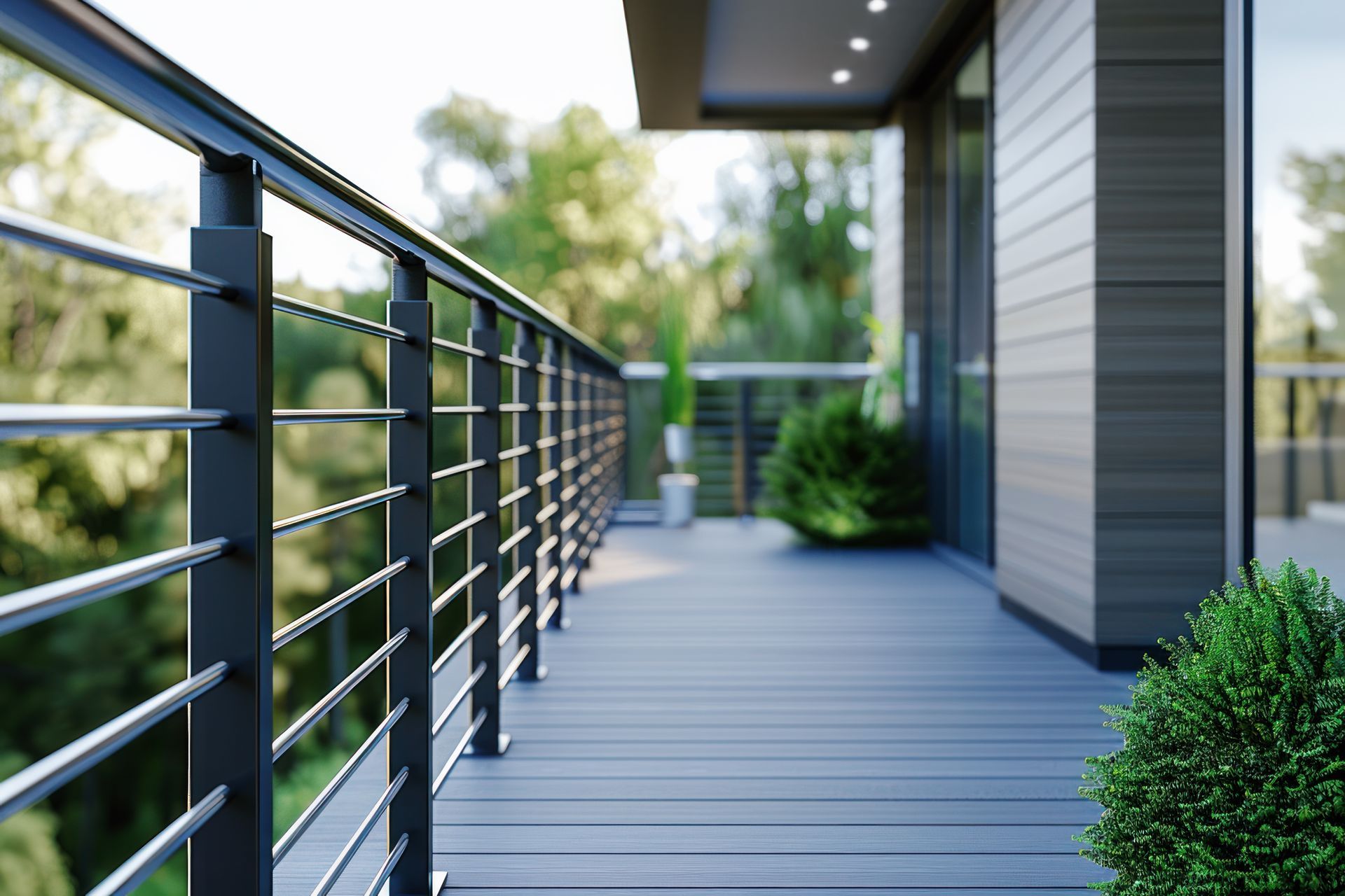 Modern balcony with black railings and composite decking, overlooking a green landscape. Modern balcony with black railings and composite decking, overlooking a green landscape.