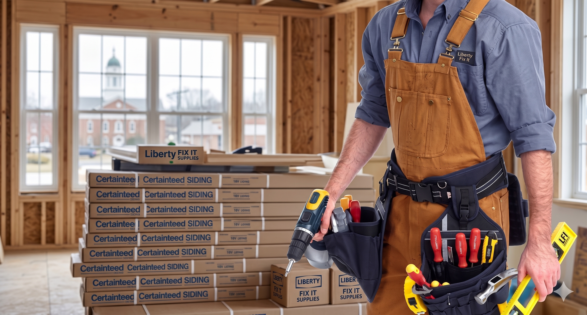 A person in work overalls and a tool belt holds a drill and level inside a building under construction.