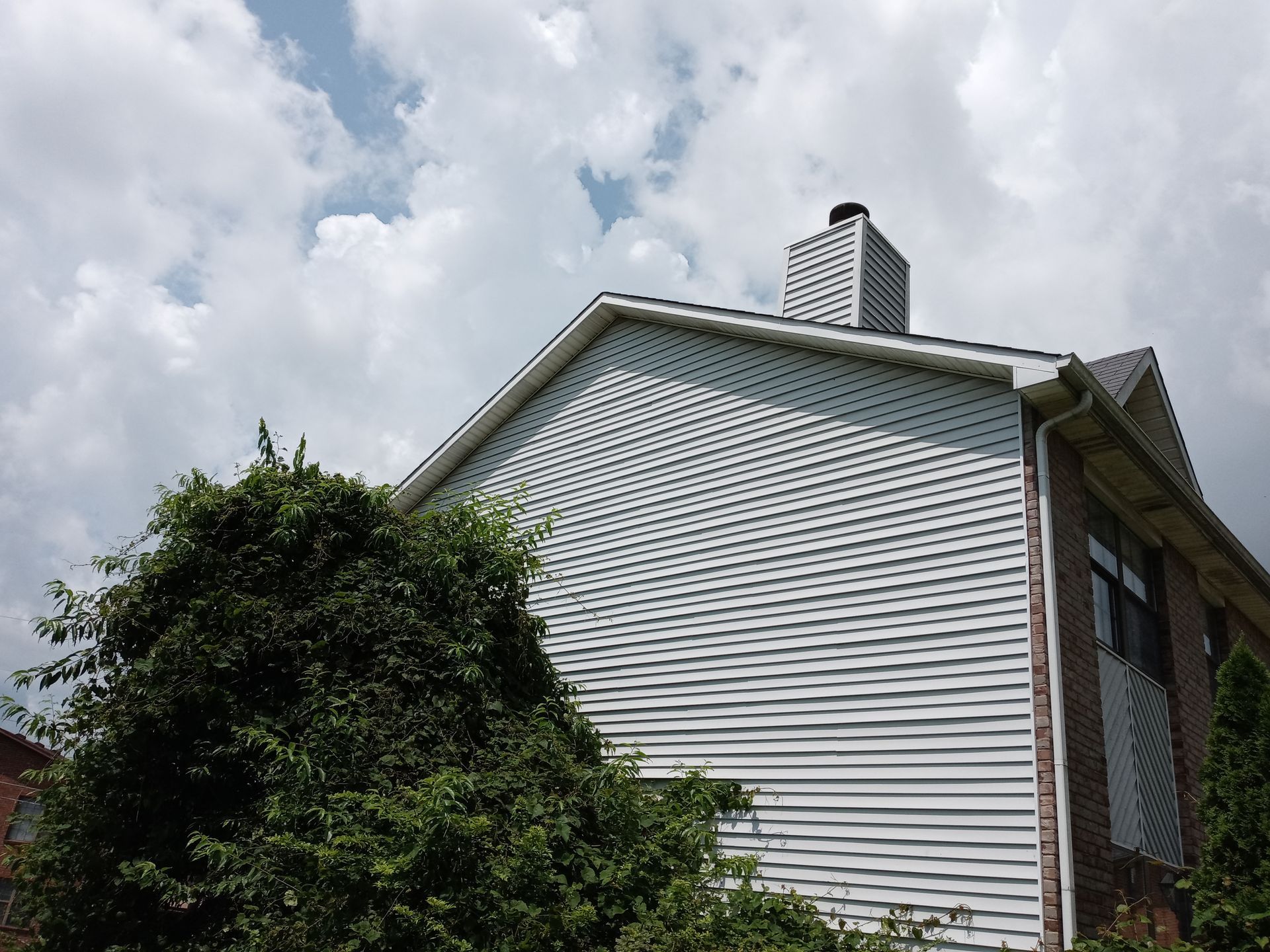 A low-angle view of a house exterior with light gray siding, a brick section, a chimney, and a large green bush.