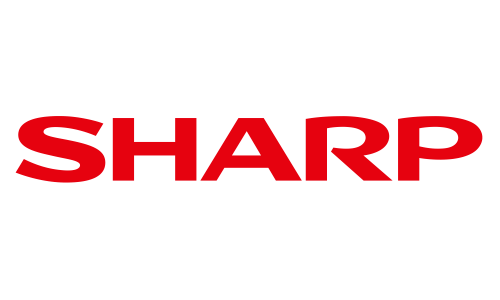 Le logo sharp est rouge et blanc sur fond blanc.
