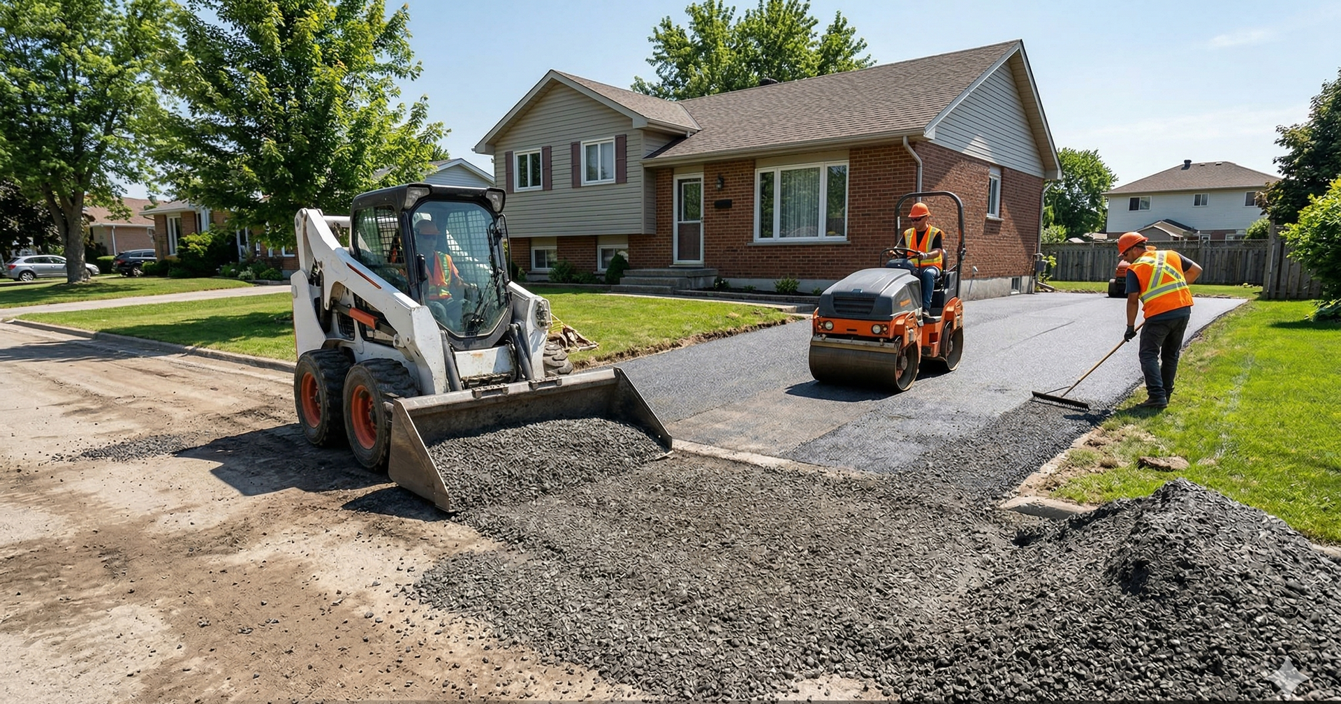 Construction workers use a skid-steer loader and a roller to pave a residential driveway with gravel and asphalt.