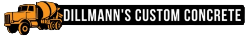 A yellow cement truck next to the white text "DILLMANN'S CUSTOM CONCRETE" on a black background.