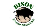 Bison Stump Grinding logo with green text and a black tree stump graphic over wood rings