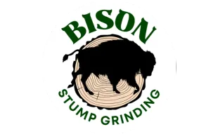 Bison Stump Grinding logo with green text and a black tree stump graphic over wood rings
