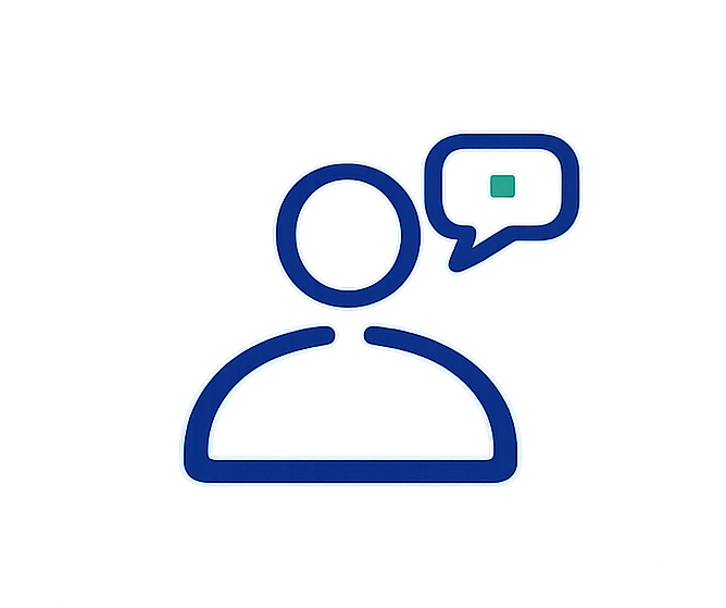 Blue outline person with speech bubble icon and green message square