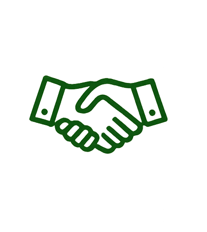 Two navy blue hands shaking in a handshake icon on a white background
