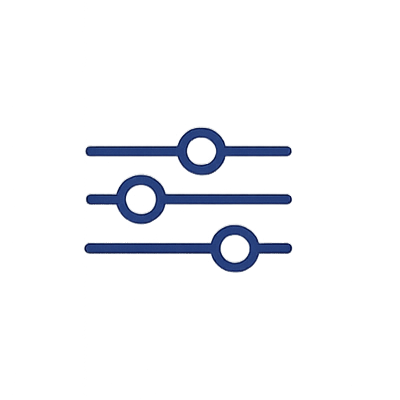 Blue sliders icon with three horizontal lines and circular knobs on a white background