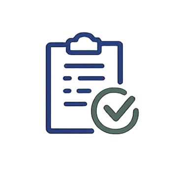 Clipboard checklist icon with blue outline and green checkmark