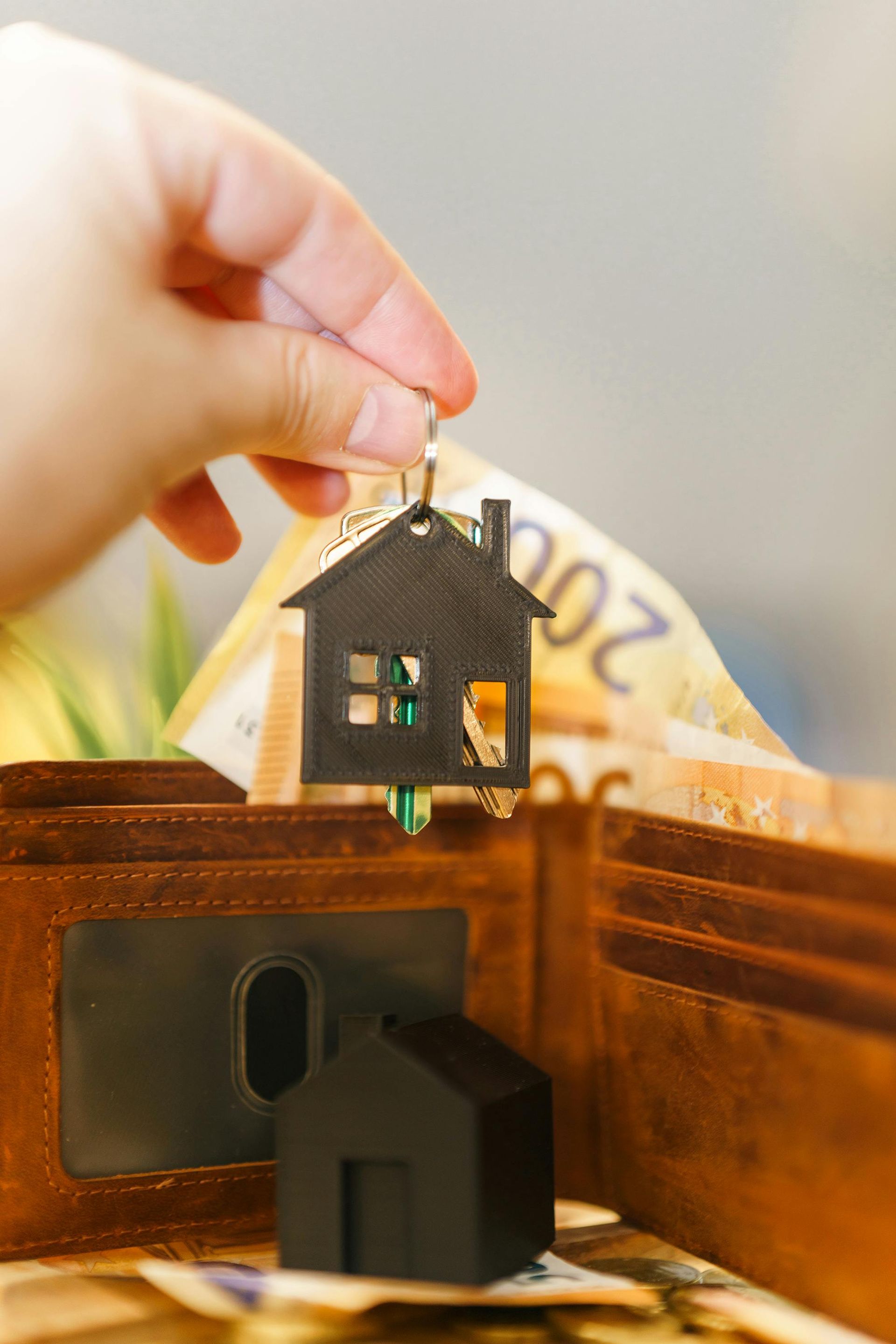 Hand placing a small house keychain into an open brown leather wallet with banknotes visible