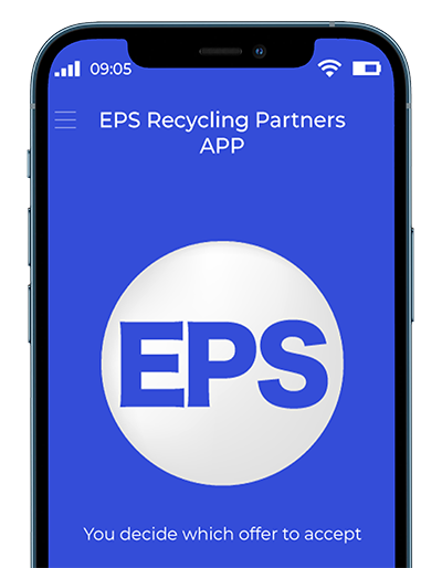 EPS Recycling Partners app screen showing a blue background with a white EPS logo and the text 