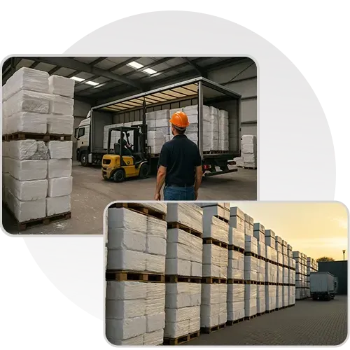 Paller med hvide byggeklodser på lager og udenfor, arbejder overvåger lastning.