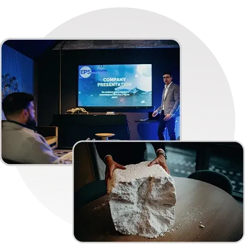 Mann gir presentasjon; nærbilde av hender som holder en kalksteinsblokk.