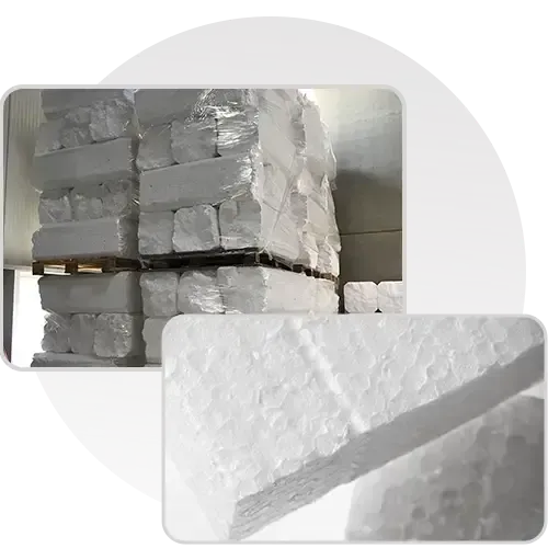 Pallet of white rectangular foam blocks, closeup of block edge.