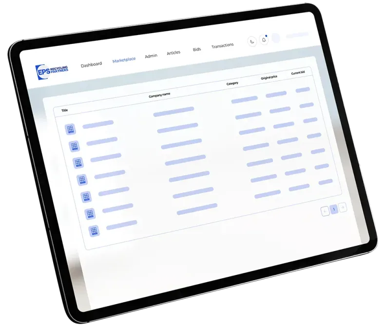 Tablet displaying a data table with light blue rows and headers.