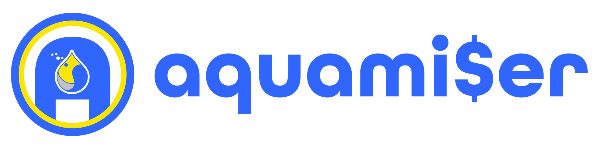 A blue and yellow logo for aquamiser on a white background