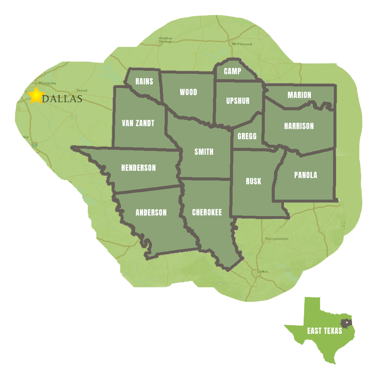 map of 14 county East Texas Region