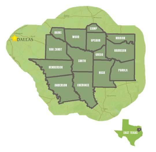map of 14 county East Texas Region