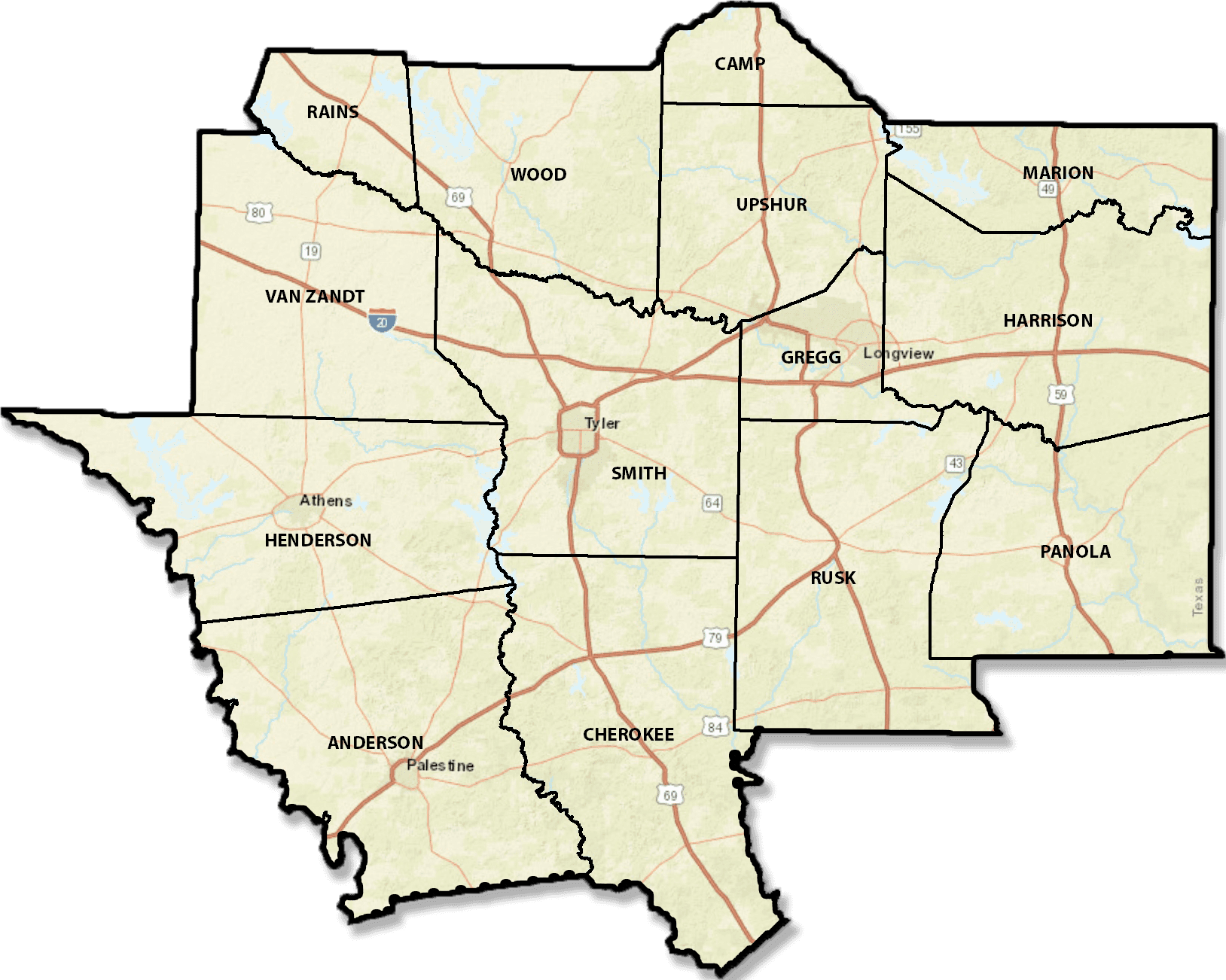 map of 14 county East Texas Region