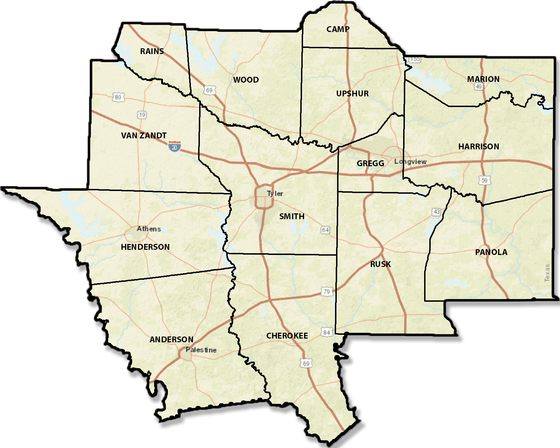 map of 14 county East Texas Region