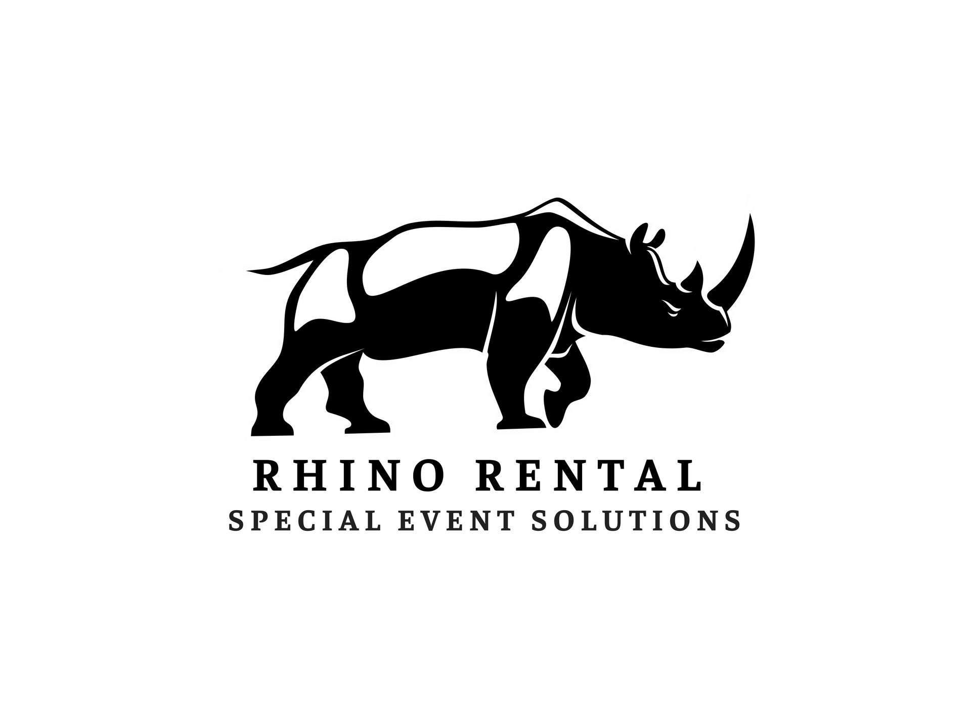 A black and white logo of a rhino for rhino rental special event solutions.