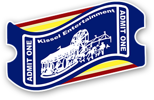 A blue and yellow ticket for kissel entertainment