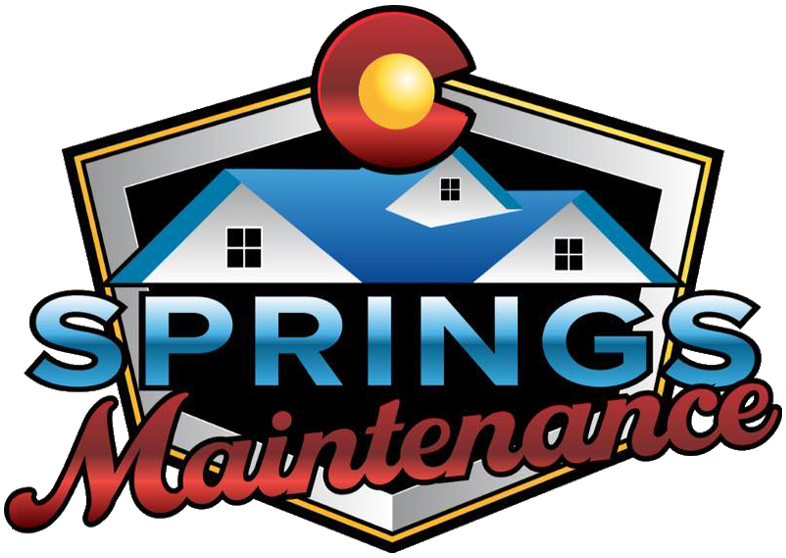 Logo for Springs Maintenance featuring a blue house icon over a shield, topped with the Colorado state emblem.