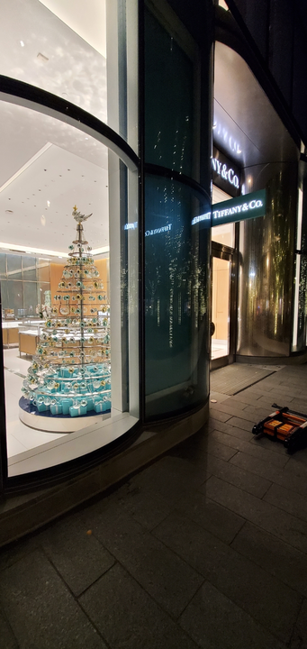A Tiffany & Co. store at night, a Christmas tree on display inside the store, and a sign that reads 