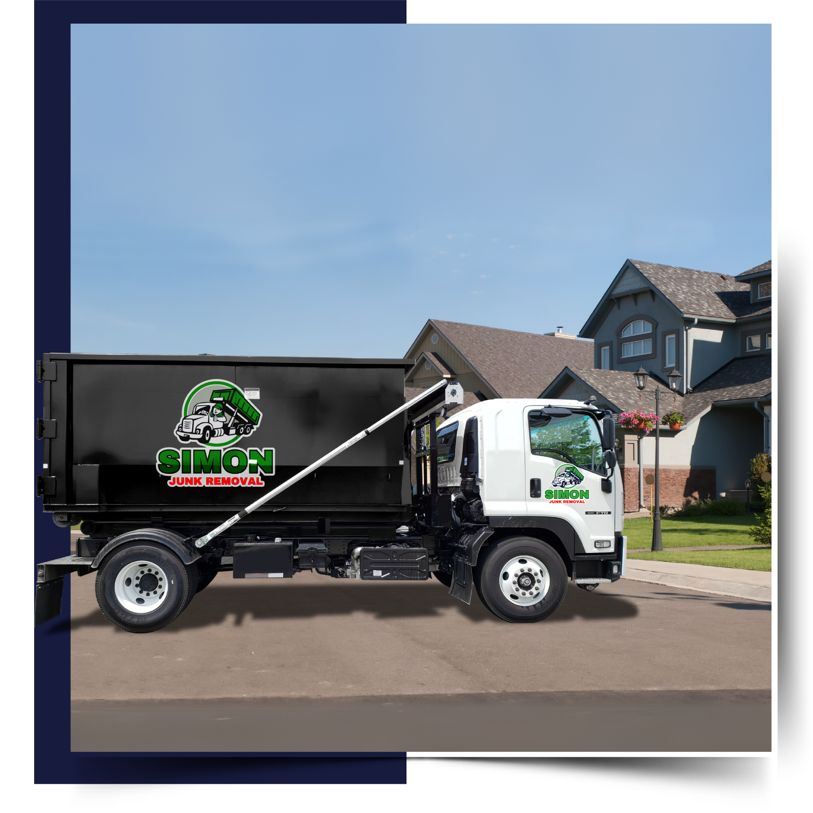 A Simon Junk Removal truck in front of a house