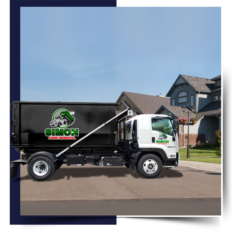 A Simon Junk Removal truck in front of a house.