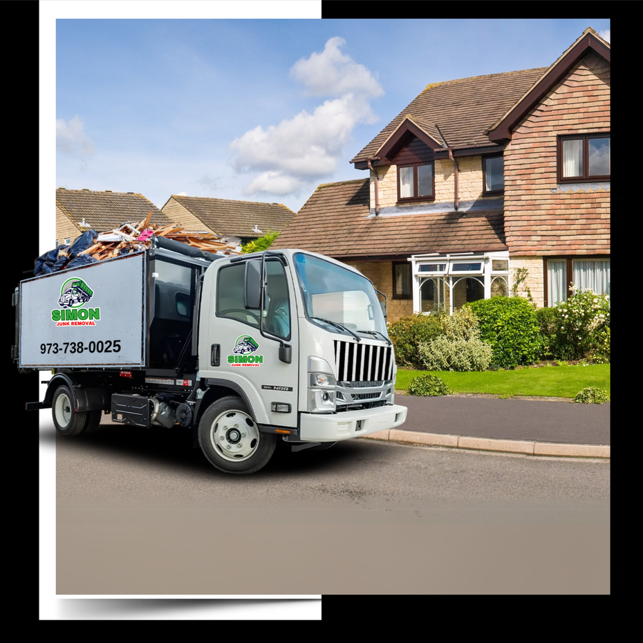 A Simon Junk Removal truck in front of  a house