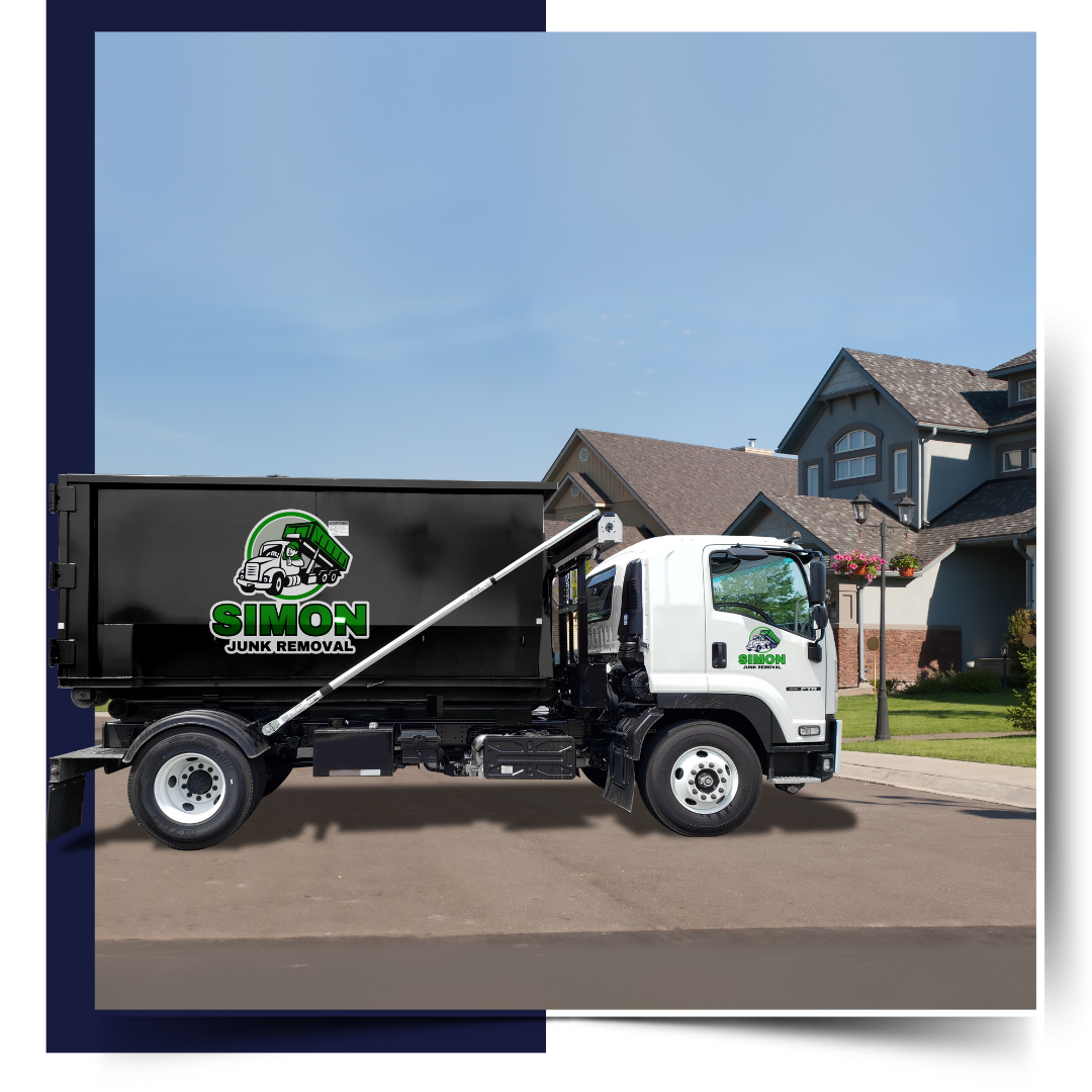 A Simon Junk Removal truck in front of a house