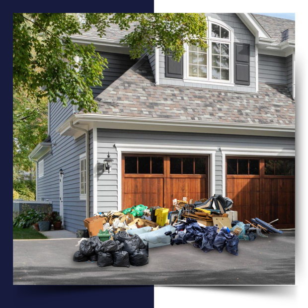 An image of a house with pile of garbage in front of it.