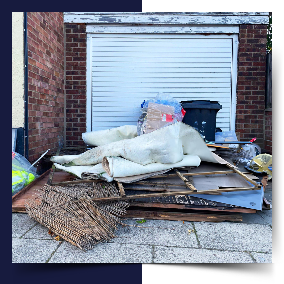 A pile of garbage in front of a garage