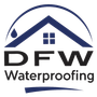 Logo of DFW Waterproofing. A blue roof with a water droplet. Black letters DFW over "Waterproofing."