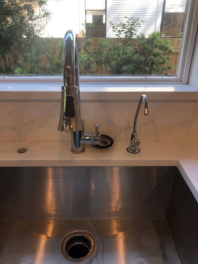 Stainless steel kitchen sink with faucet, reverse osmosis faucet, and window overlooking greenery.