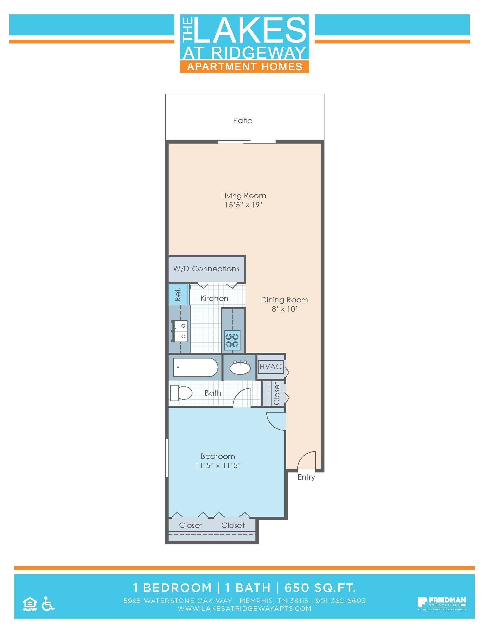 1 Bedroom | 1 Bath | 650 SF - Floor Plan