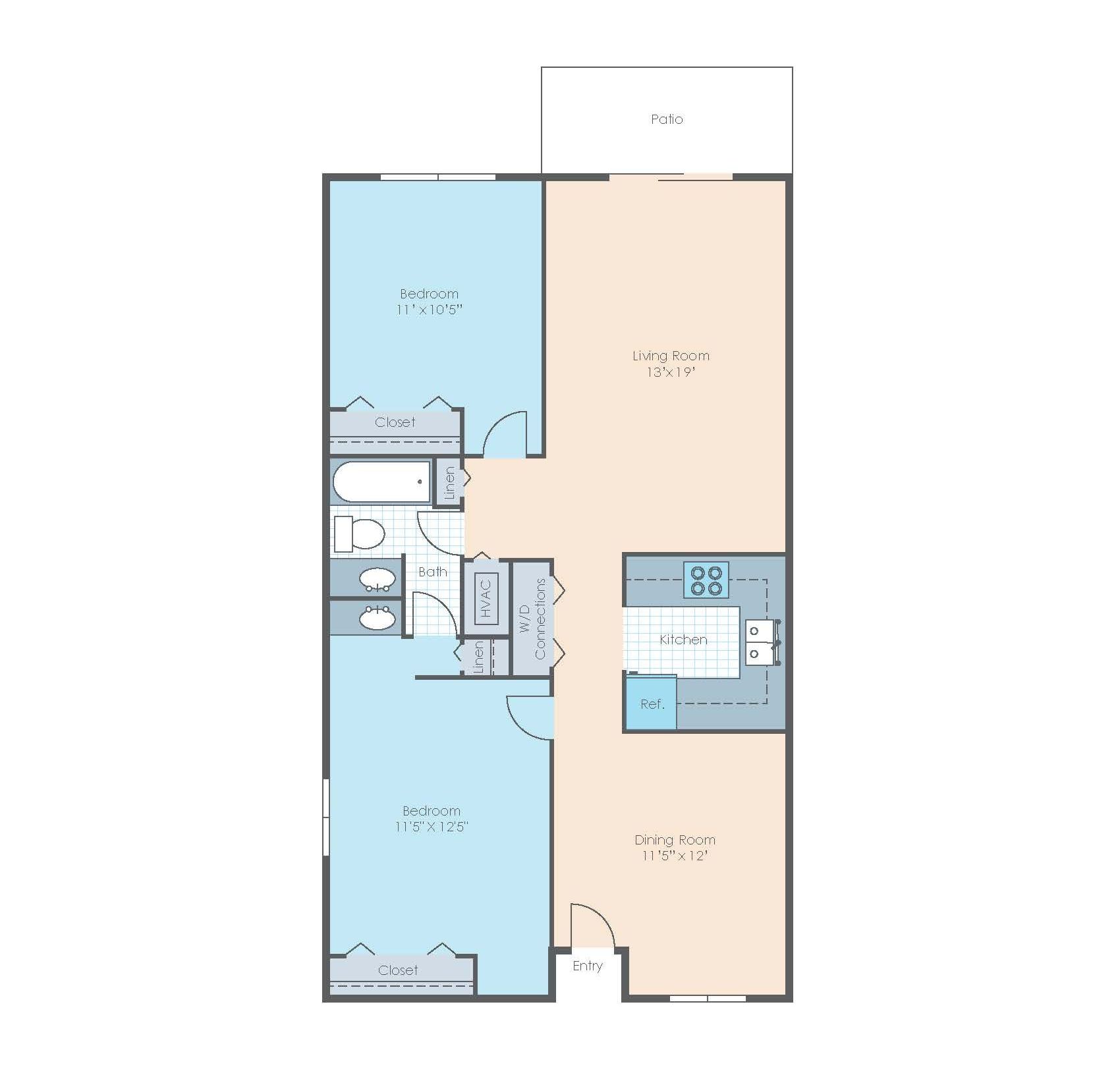 2 Bedroom | 1 Bath | 950 SF -  Floor Plan